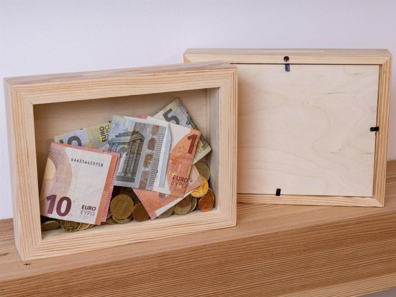 Holz Spardose Bilderrahmen mit Glas Einsatz und Münzschlitz